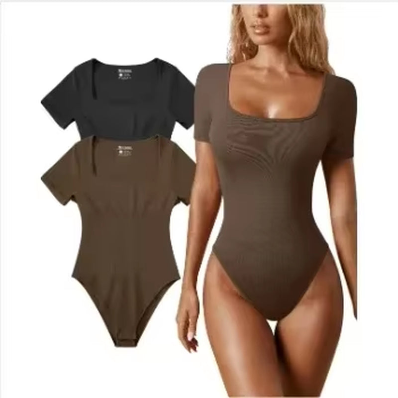 Women'S Bodysuits Sexy Ribbed One Piece Square Neck Short Sleeve Bodysuits Sexy Bodysuit Lingerie Bodysuit