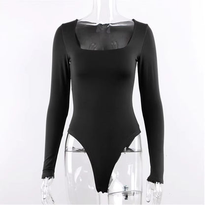 Sexy Female Jumpsuit Square Neck Basic Black Bodysuit Streetwear Za Women'S Long Sleeve Top Overalls for Women One Piece